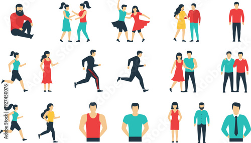 Collection of people in various poses including walking, running, dancing, and social interaction, illustrating active lifestyle, relationships, fitness, and modern human activity in flat