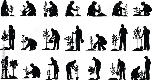 Black silhouettes set of people planting trees, gardening, watering saplings, and farming isolated on a white background for environmental concepts.