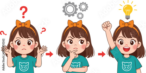 Cute cartoon girl thinking process from confusion to idea solution, child problem solving concept with question marks and light bulb, vector illustration showing creativity and learning