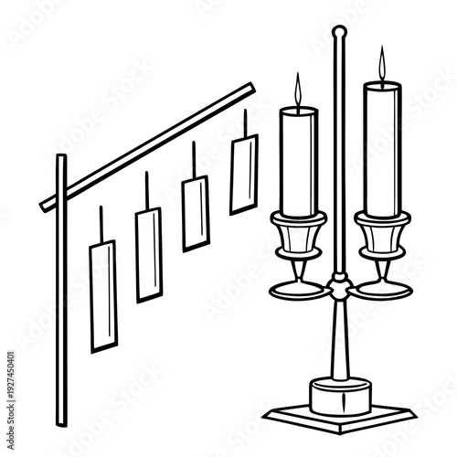 A candelabra with two candles and a wall with several candle holders