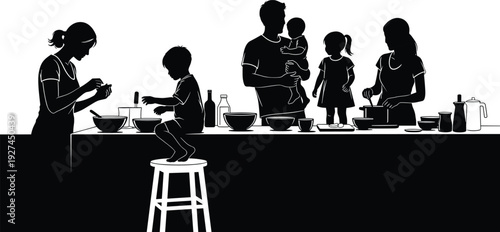 Happy family with children cooking together in kitchen silhouette, parents and kids preparing food at counter,