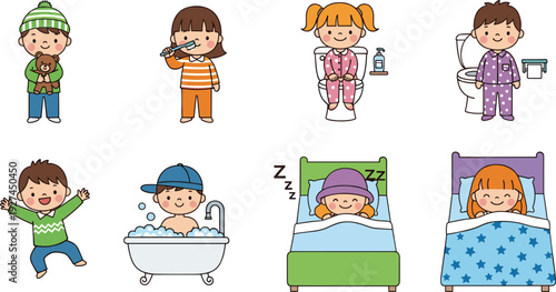Cute kids daily hygiene and bedtime routine activities including brushing teeth, bathing, using toilet and sleeping, adorable cartoon children vector illustration set promoting healthy habits