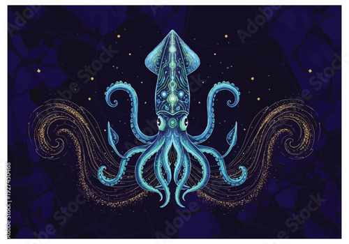 Mystical Cephalopod Marine Life Deep Ocean Abyss Glowing Bioluminescent Creature Swirling Energy Waves Celestial Stars Underwater Fantasy background