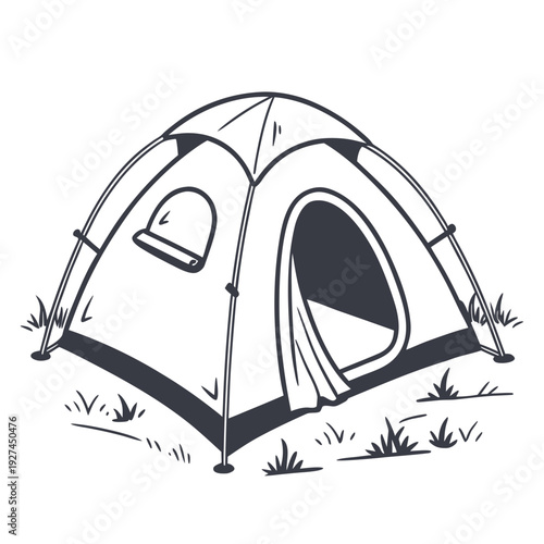 A simple black and white drawing of a tent