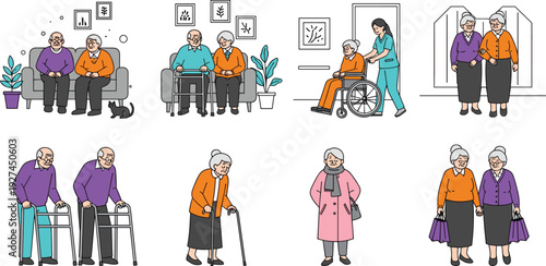 Elderly people daily life activities illustration set, senior care support concept with walking aid, wheelchair assistance, companionship and active aging lifestyle scenes