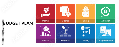 Budget Plan Glyph Solid Banner Web Icon Set Vector Illustration