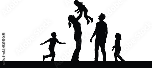 Happy young family with three children playing together outdoor, mother lifting toddler baby, father and kids having fun