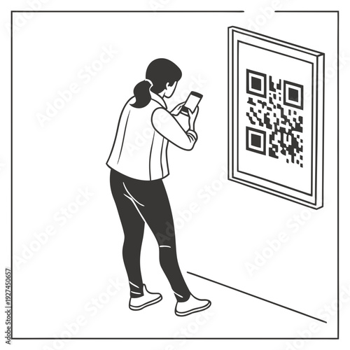 A woman scans a qr code on a framed poster