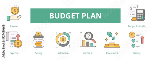 Budget Plan Lineal Color Banner Web Icon Set Vector Illustration