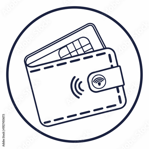 A blue line drawing of a contactless payment card in a wallet
