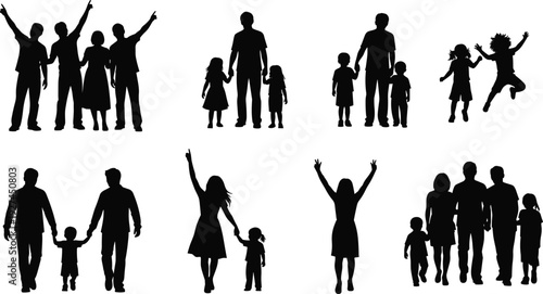 Collection of family silhouettes set including parents and children walking, playing, holding hands, and cheering isolated on white