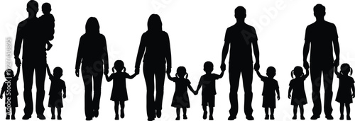 Large Group of Diverse Family Silhouettes Including Parents and Children Holding Hands in a Row for Unity and Community Concept