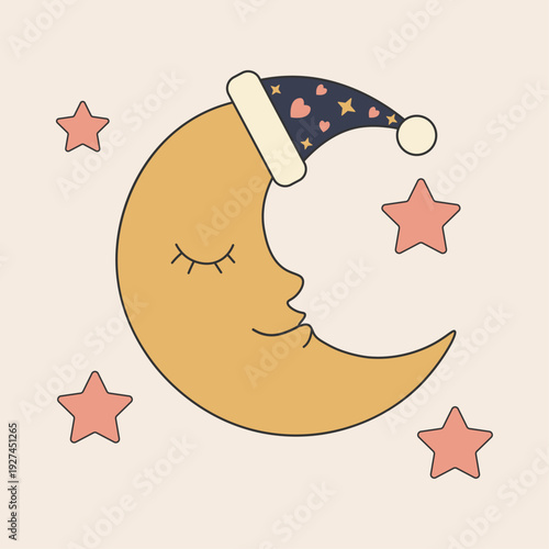 Sleeping Crescent Moon Character with Nightcap and Pastel Stars