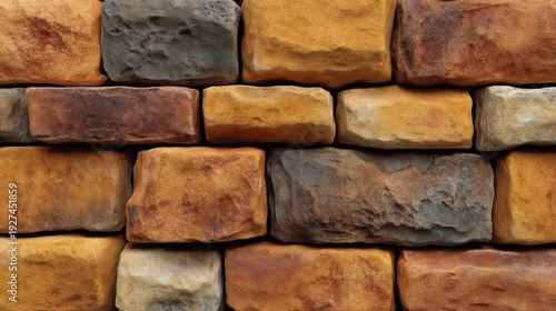Textured Wall of Multi-Colored Natural Stones with Earthy Tones of Brown, Orange, and Gray Arranged in Decorative Pattern for Architectural Use