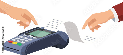 Two hands operate a payment terminal for transactions with a receipt