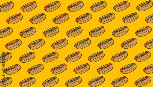 Hotdog Pattern Design. Seamless Street Food Motif. Hand Drawn Vector. Fast Food Background.