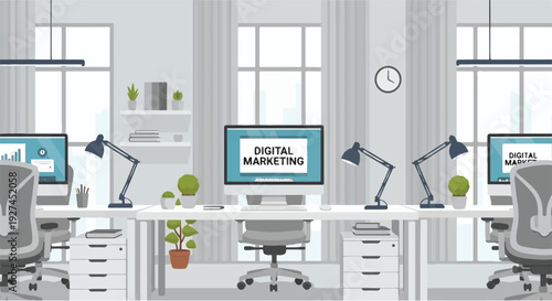 Clean and modern office interior illustration, showcasing a professional workspace with multiple computer workstations and displays featuring digital marketing concepts and business strategy