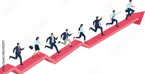 Dynamic illustration of a business team running up an upward red arrow, representing continuous career growth, market progress, and strategic achievement in the corporate world