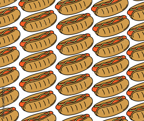 Hotdog Pattern Design. Seamless Street Food Motif. Hand Drawn Vector. Fast Food Background.