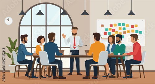 Business meeting illustration of a team collaborating around a table with a whiteboard in the background
