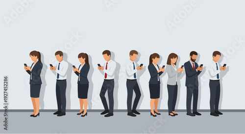 A line of professionals, each on their smartphone, illustrating pervasive digital absorption and shifting social connections in the modern world