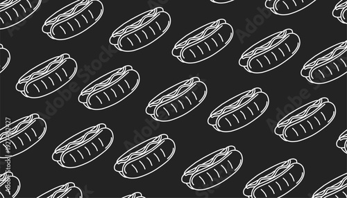 Hotdog Pattern Design. Seamless Street Food Motif. Hand Drawn Vector. Fast Food Background.