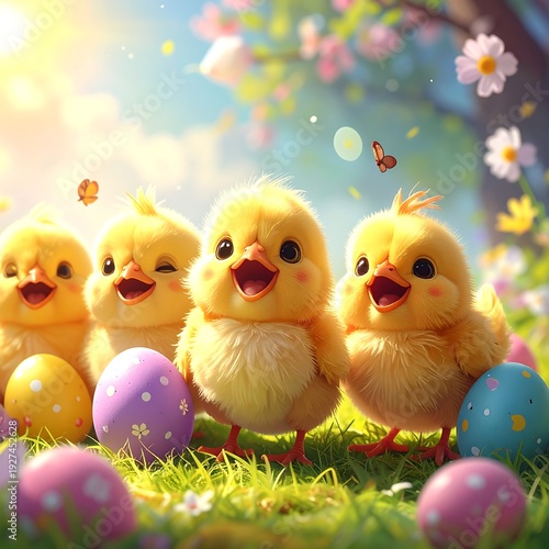 Four cheerful yellow chicks standing on grass with colorful eggs