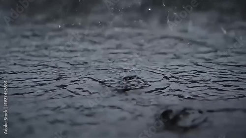 Raindrops falling on rippling water creating a soothing stormy atmosphere