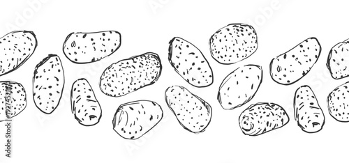 Black and white seamless border of potatoes. Hand drawn ink sketching. Vector illustration for food product packaging, menus, kitchen textiles, blog headers, social media posts.