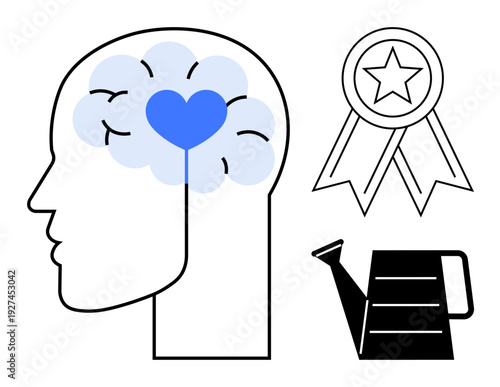 Mental health, personal growth, self-care, positive reinforcement, emotional wellness, motivation. Brain with heart, award ribbon and watering can icons. Mental health and personal growth
