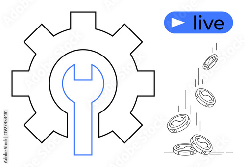 Online revenue, live streaming, technical support, crowdfunding, financial growth, service maintenance. Gear and wrench symbol with falling coins and live icon. Online revenue and live streaming