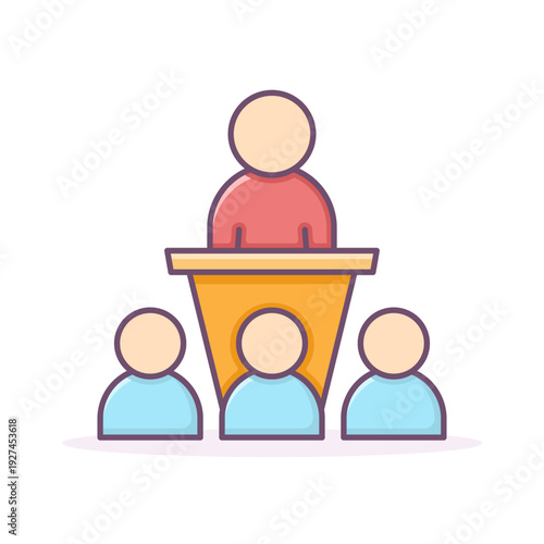 Businessman at the tribune conducts a seminar colorful icon. Vector isolated illustration