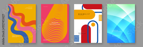 Set of four unique background templates featuring retro waves golden spirals bold minimalist shapes and blue crystalline light effects