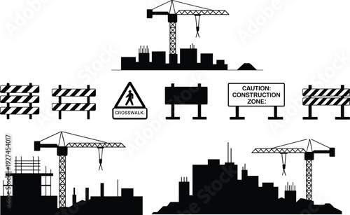 Construction site silhouette set with cranes, barricades, warning signs and urban buildings isolated on white background vector illustration