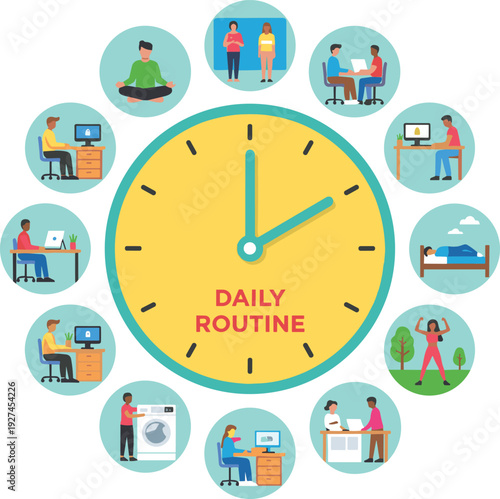 Daily routine concept with clock and people performing everyday activities including work, exercise, rest and chores, modern flat vector illustration showing time management and lifestyle balance