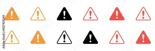 Yellow and Red Triangle Warning Sign Collection featuring bold exclamation marks for danger, attention, and caution, ideal for industrial safety manuals, software error messages, and hazardous area no