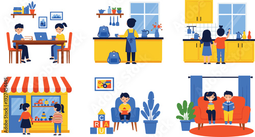 Family daily life scenes including studying, cooking, shopping, playing, and reading together, illustrating home activities, parenting routines, and modern family lifestyle in colorful flat