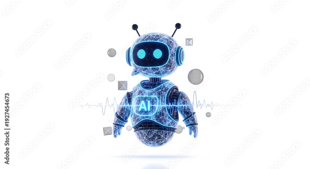 Fototapeta premium Futuristic AI robot with glowing blue circuits and data points representing artificial intelligence and technology advancements