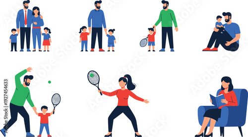 Happy family lifestyle scenes with parents and children bonding, playing tennis, reading and spending quality time together, flat vector illustration set for parenting and relationships