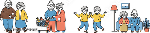 Happy senior couples daily life activities including walking, shopping, exercising and relaxing at home, cute elderly people vector illustration set showing healthy aging and companionship
