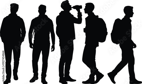 Young man silhouettes with backpack walking, standing and drinking water isolated on white background, male people vector illustration set