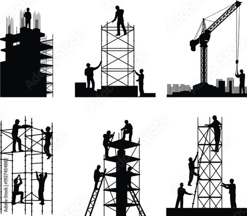 Construction workers on scaffolding and tower crane silhouettes isolated on white background, industrial building site vector illustration set