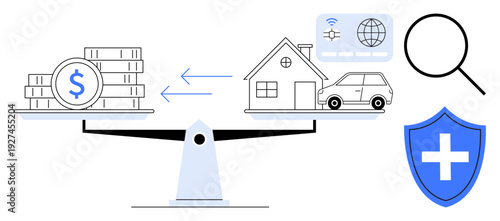 Financial planning, real estate decisions, digital security, expense management, data privacy, financial wellbeing. Scales balancing money with house and car, security icons. Financial planning