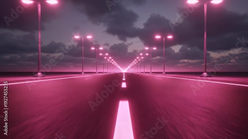 Long exposure neon highway at night with glowing pink streetlights and reflections