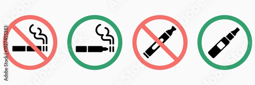 Smoking and Vaping Regulation Icon Set featuring red prohibition circles and green permission signs for cigarettes and electronic vapes, ideal for public facility management and health policy signage.