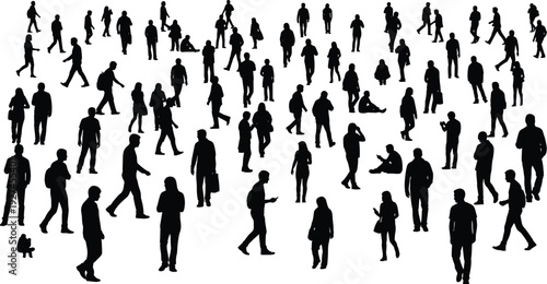 Large crowd of walking people silhouettes isolated on white background, diverse men and women urban lifestyle vector collection