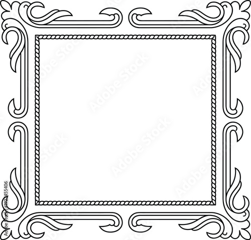 Decorative frame illustration, elegant ornamental border design for text with classic flourish elements, vintage style detailing, and customizable space for invitations, certificates, and luxury brand