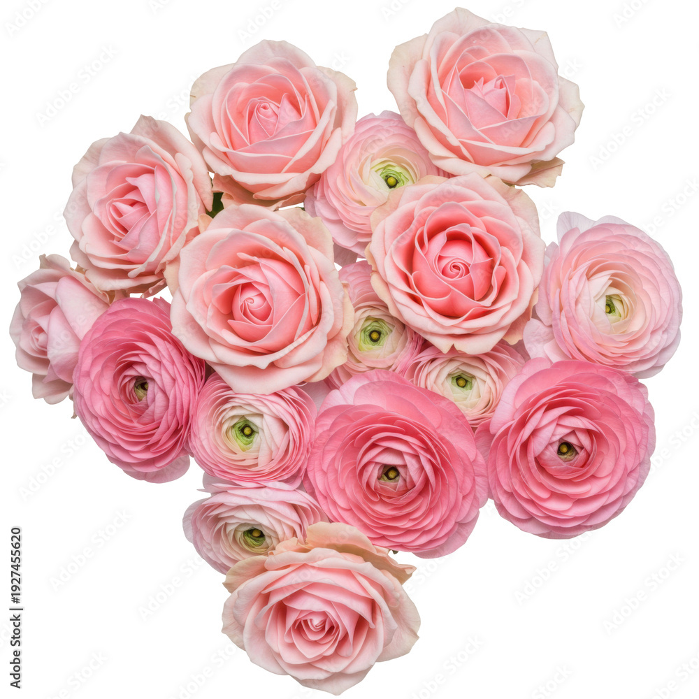 Fototapeta premium Delicate pink roses and ranunculus blossoms in a floral arrangement isolated on white background