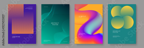 Collection of four professional abstract posters featuring vibrant gradients geometric line patterns and fluid organic 3D shapes for modern branding