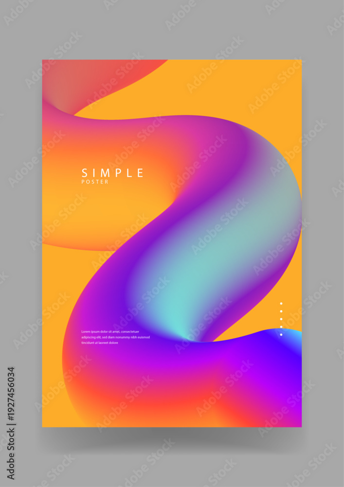 Fototapeta premium Minimalist simple poster featuring a bold 3D fluid gradient shape in purple and cyan colors over a bright yellow background for modern brand